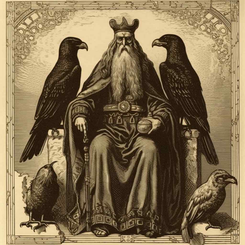 Odin symbols: Odin with his ravens Huginn and Muninn